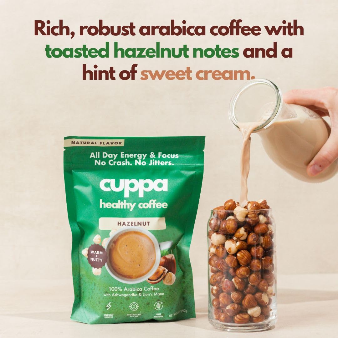 Cuppa Medium Roast Mushroom Coffee with Adaptogens & Superfoods - Lion’s Mane, Ashwagandha & Cordyceps. Adaptogens + MCT to support natural energy, mental focus & gut health (30 Servings)
