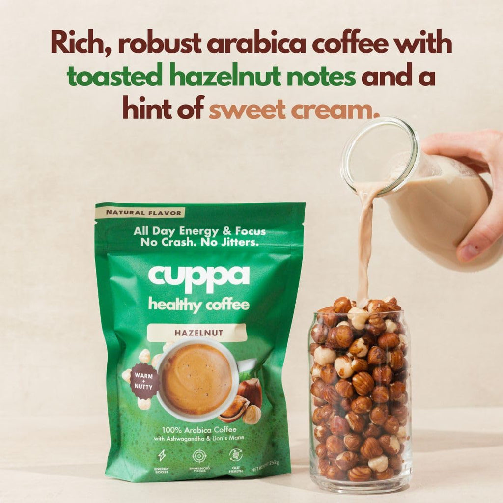 Cuppa Medium Roast Mushroom Coffee with Adaptogens & Superfoods - Lion’s Mane, Ashwagandha & Cordyceps. Adaptogens + MCT to support natural energy, mental focus & gut health (30 Servings)