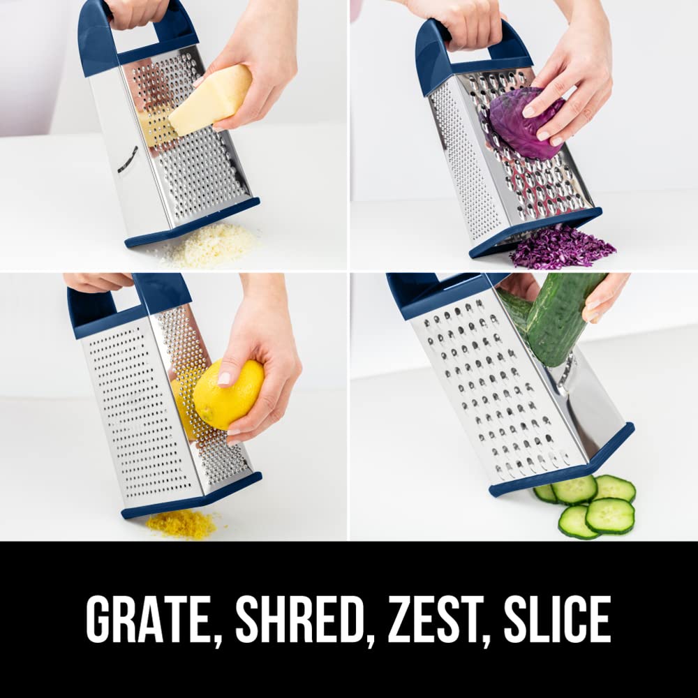 GORILLA GRIP 4-Sided Stainless Steel Cheese Grater With Container, 100% BPA-Free Box Grater, Slip Resistant Base and Handle, Grate Parmesan, Hard Cheeses, Shred Vegetables, Dishwasher Safe, Black