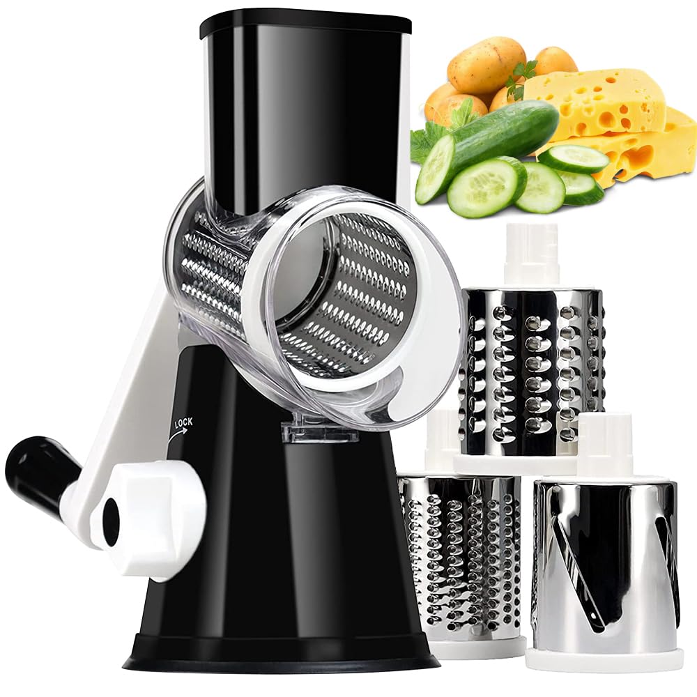KEOUKE Rotary Cheese Grater Hand Crank Light Blue - Shredder Slicer Grinder 3 Stainless Steel Blades, Stable Suction, Labor-Saving Handle, Safe Kitchen Tool for Cheese, Vegetable, Nuts, Chocolate