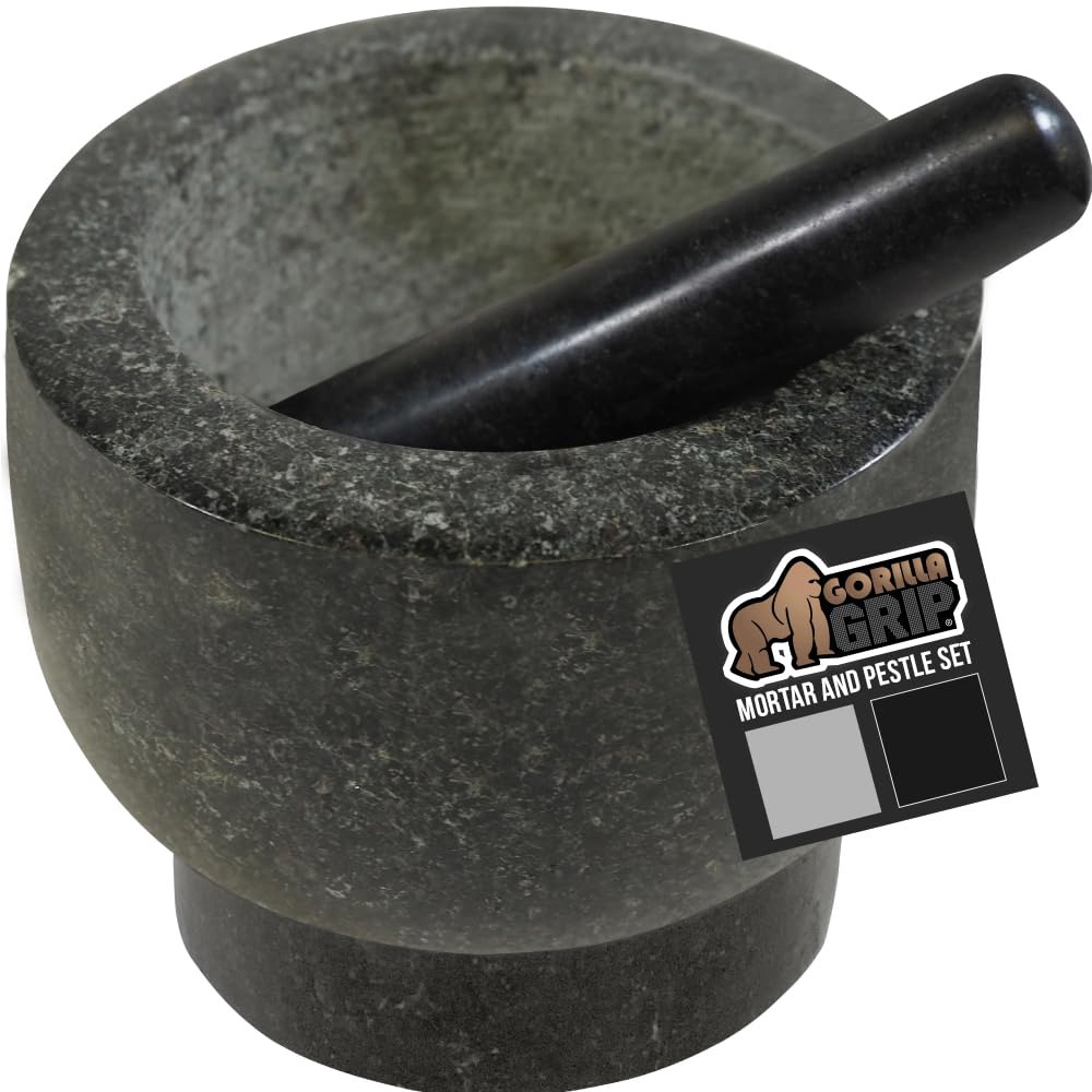 GORILLA GRIP Heavy Duty Mortar and Pestle Set with Slip Resistant Base, 100% Granite Stone Molcajete Guacamole Bowl, Grind Seeds, Garlic, Herb, Kitchen Muddler, Essentials for Chefs, 1.5 Cup Gray