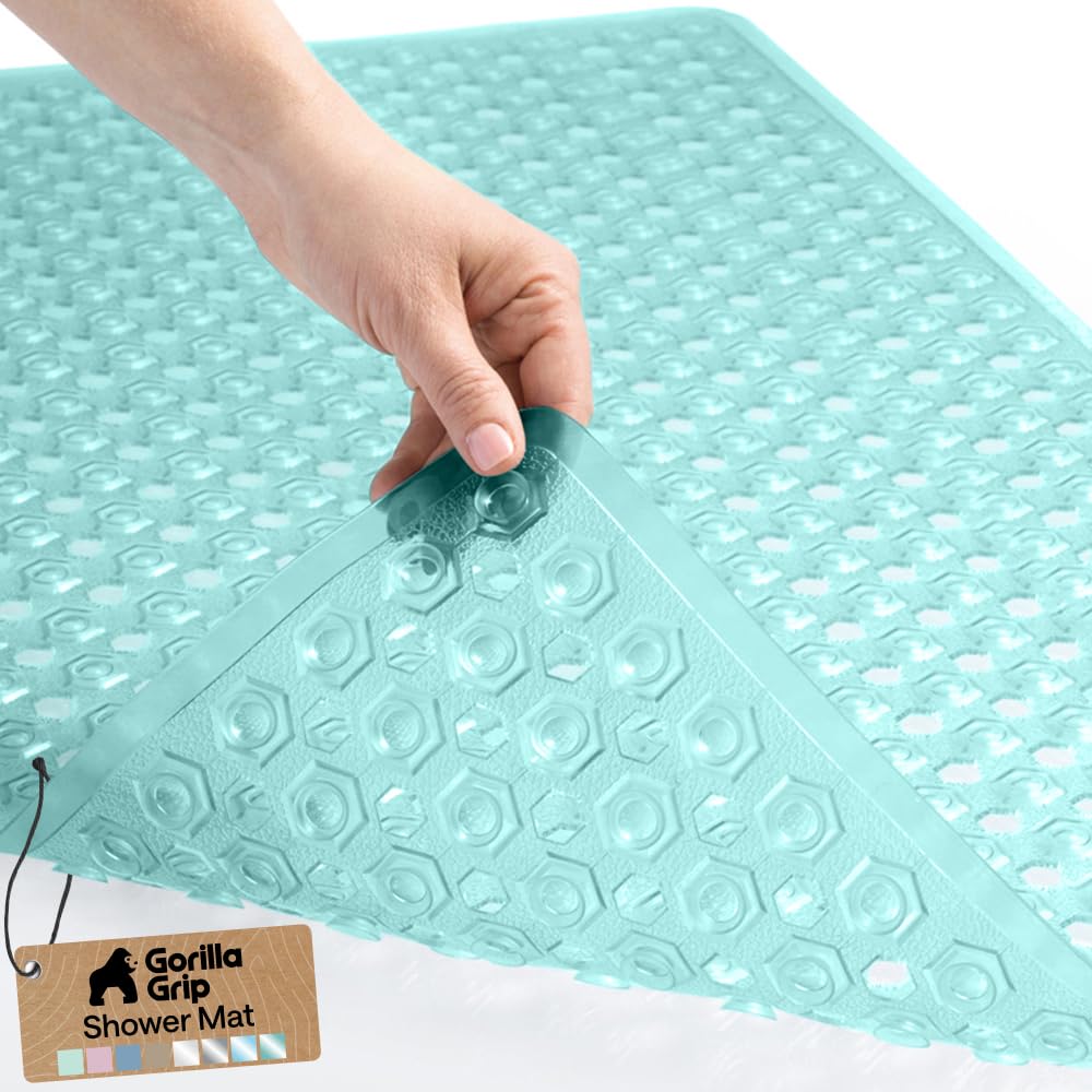 GORILLA GRIP Patented Bath Tub Shower Mat, Machine Washable Bathtub Floor Liner Mats, Suction Cups and Drain Holes to Keep Tubs Clean, Soft on Feet, Bathroom Essentials, 35x16 Inch, Clear