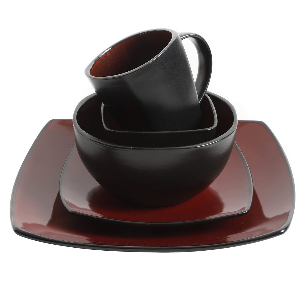 Gibson Elite Soho Lounge Square 16-Piece Dinnerware Set, Service for 4, Reactive Glaze Stoneware Plates and Bowls, Modern Dishes, Microwave & Dishwasher Safe – Red and Black