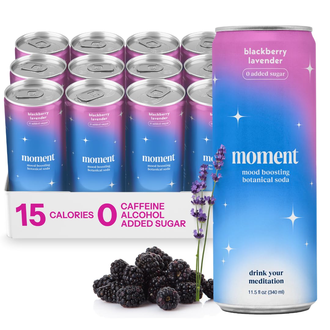 Moment Botanical Soda (Shark Tank) - Calm, Clarity & Relaxation with L-Theanine & Ashwagandha - Non Alcoholic Drinks for Adults - Sparkling Adaptogen Drink - 0 Sugar 0 Caffeine - 12 Pack 11.5 fl oz
