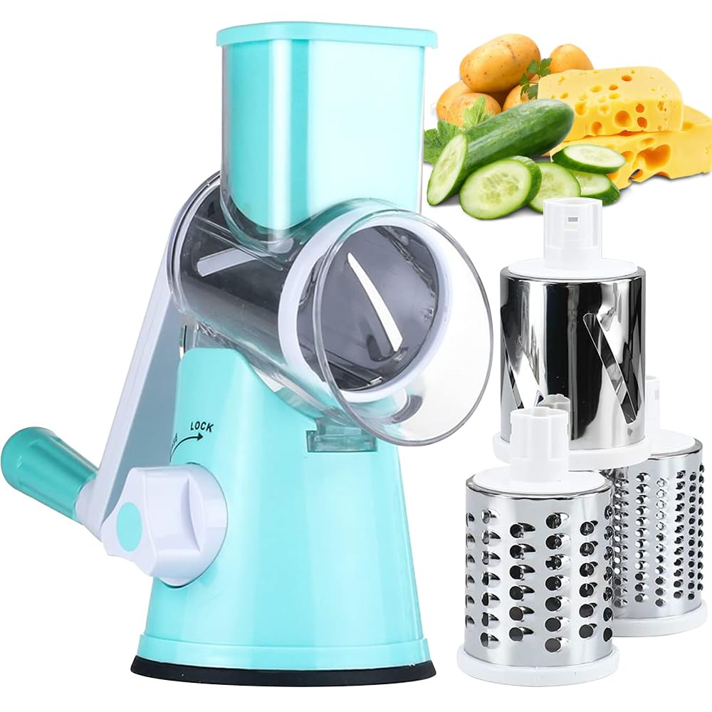 KEOUKE Rotary Cheese Grater Hand Crank Light Blue - Shredder Slicer Grinder 3 Stainless Steel Blades, Stable Suction, Labor-Saving Handle, Safe Kitchen Tool for Cheese, Vegetable, Nuts, Chocolate