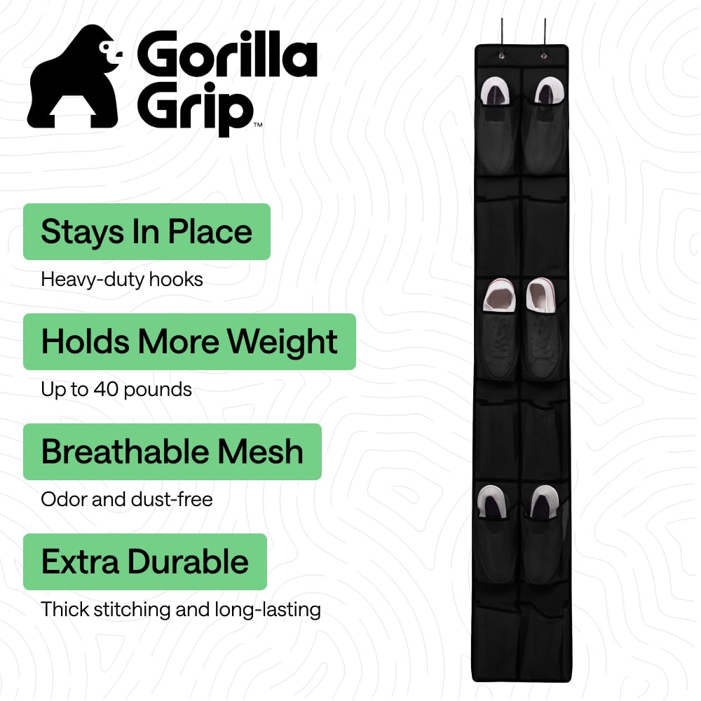 GORILLA GRIP Over the Door Shoe Organizer, 24 Large Breathable Mesh Pockets, Space Saving Hanging Storage Holder, Closet Rack Hanger Holds Up to 40 lbs, Hangs on Closets for Shoes, Accessories, Black