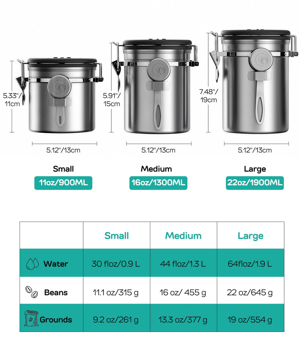Coffee Gator Stainless Steel Canister - Medium 16oz, Gray Coffee Grounds and Beans Container with Date-Tracker, CO2-Release Valve, and Measuring Scoop - Ideal Coffee Lovers Gifts