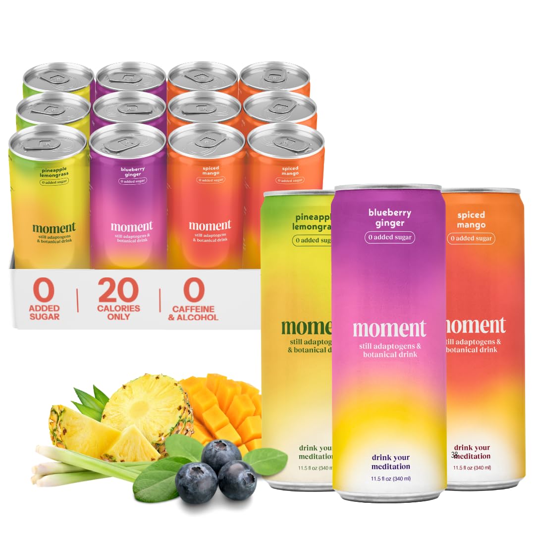 Moment Botanical Tea (Shark Tank) - Non Carbonated - Calm, Clarity & Relaxation with L-Theanine & Ashwagandha - Non Alcoholic Drinks - Sparkling Adaptogen Drink - 0 Sugar 0 Caffeine - 12 Pack 11.5 fl oz