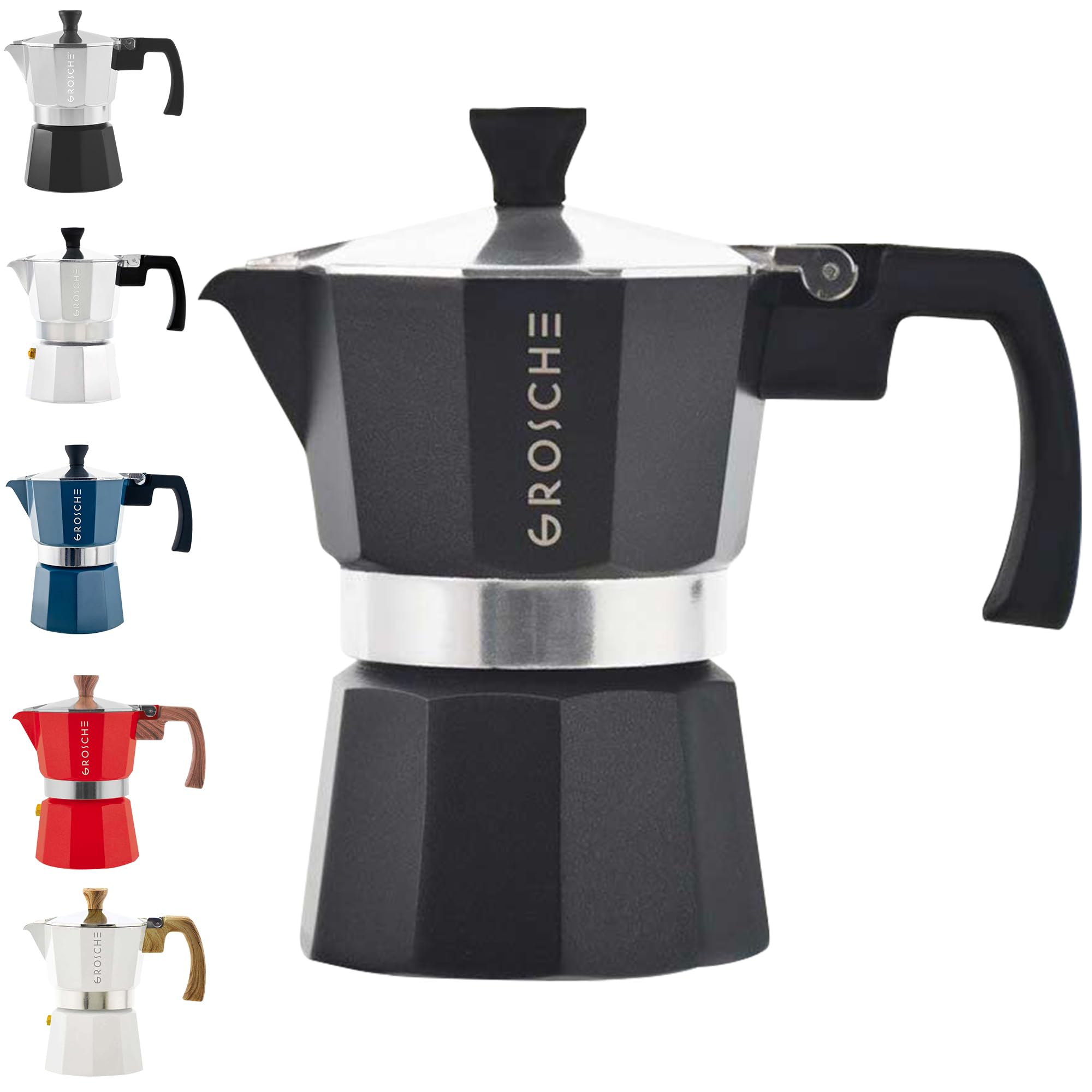 GROSCHE Milano Moka pot, Stovetop Espresso maker, Greca Coffee Maker, Stovetop coffee maker and espresso maker percolator (Grey, 6 cup)