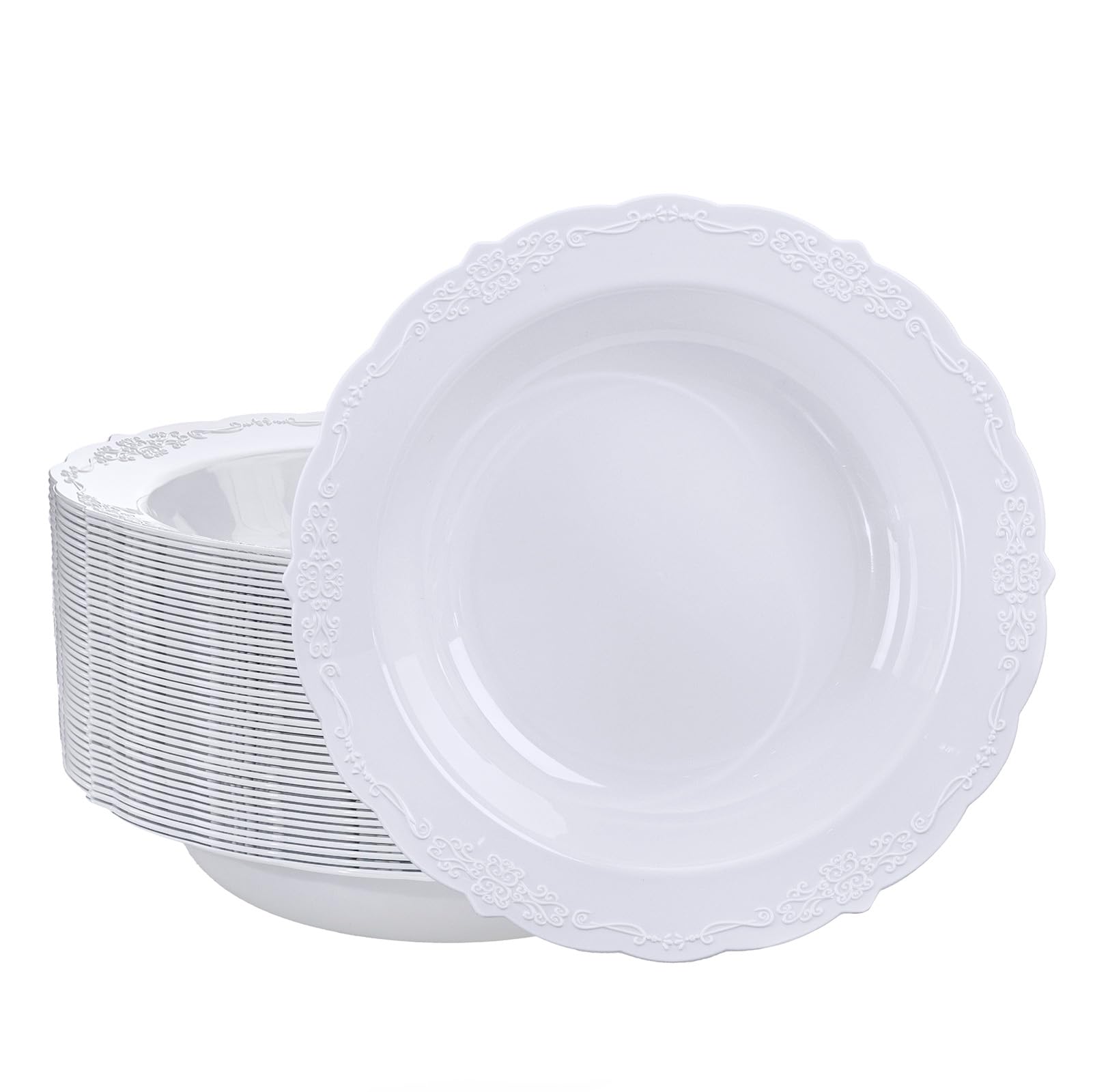 DaYammi 50 Pack White Plastic Bowls, 12oz Disposable Soup Bowls, White bowls Disposable Heavy Duty Dinner Bowls for Weddings, Salad Bowl for Parties, Dinners, Catering and Everyday Use