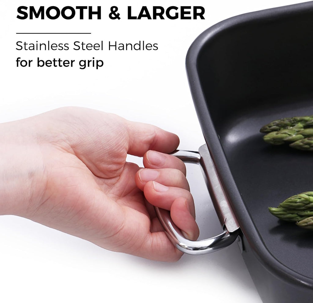 HONGBAKE Lasagna Pan 3 Inch Deep, 15x10" Baking Pan for Oven, Nonstick Cake Baking Dish for Brownie, Roasting Pans with Stainless Steel Handles, Heavy Duty, Dishwasher Safe, Dark Grey
