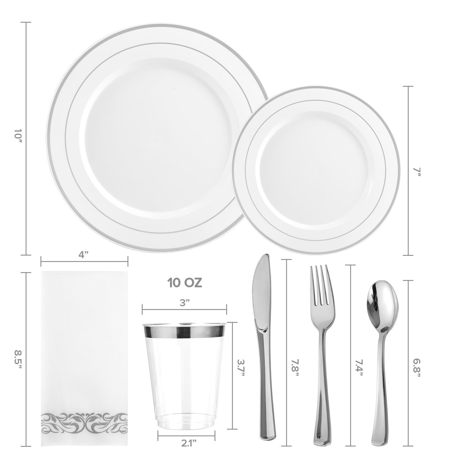 FOCUSLINE 350 Ct Disposable Dinnerware Set for 50 Guests -Heavy Duty Plastic Plates with Gold Rim, Includes 50 Dinner & Salad Plates, Cups, Napkins, Cutlery Set
