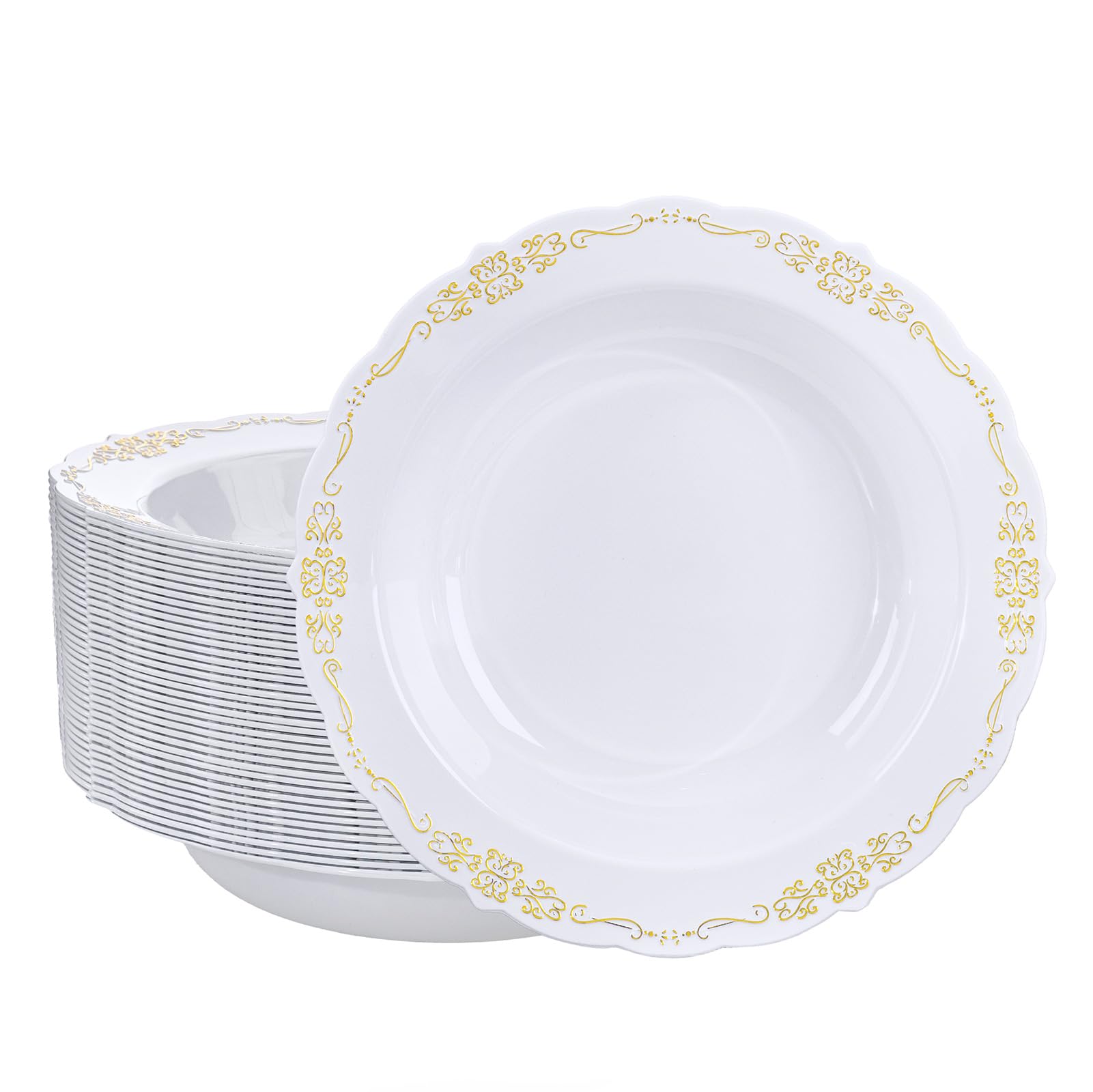 DaYammi 50 Pack White Plastic Bowls, 12oz Disposable Soup Bowls, White bowls Disposable Heavy Duty Dinner Bowls for Weddings, Salad Bowl for Parties, Dinners, Catering and Everyday Use