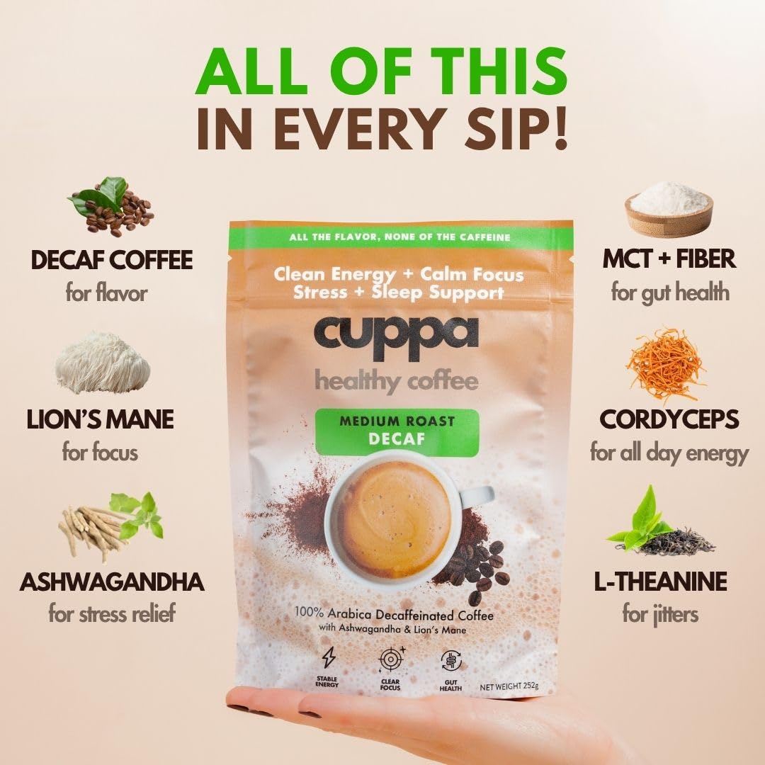 Cuppa Medium Roast Mushroom Coffee with Adaptogens & Superfoods - Lion’s Mane, Ashwagandha & Cordyceps. Adaptogens + MCT to support natural energy, mental focus & gut health (30 Servings)