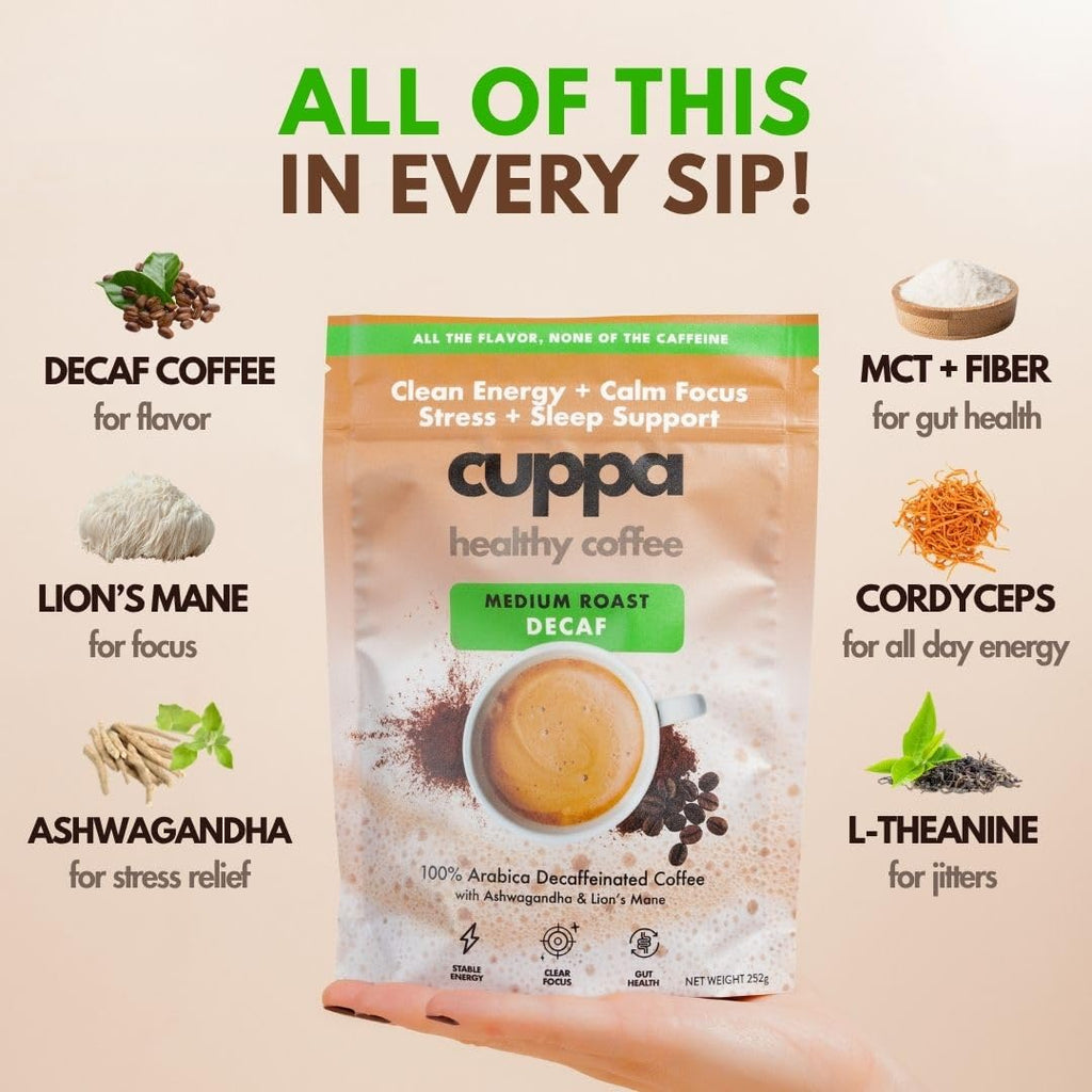 Cuppa Medium Roast Mushroom Coffee with Adaptogens & Superfoods - Lion’s Mane, Ashwagandha & Cordyceps. Adaptogens + MCT to support natural energy, mental focus & gut health (30 Servings)