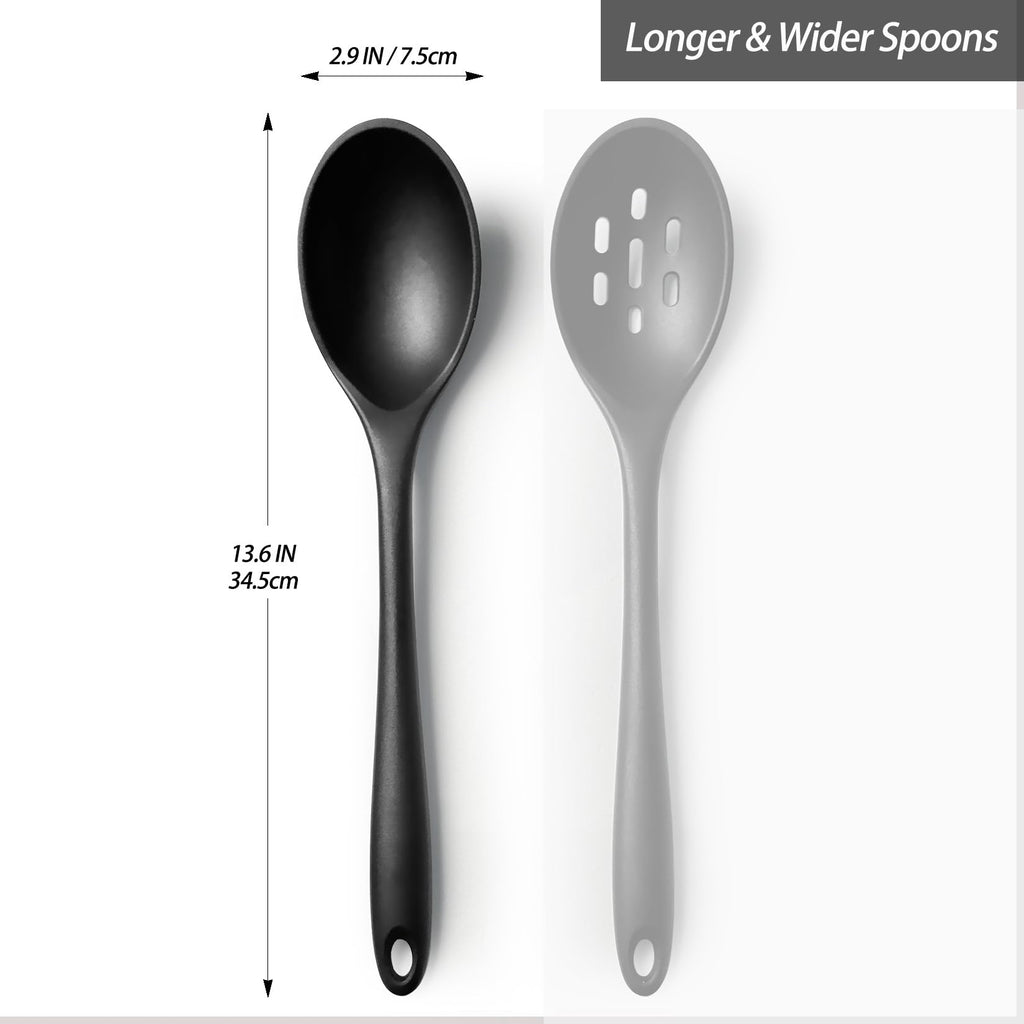 Silicone Spoons for Cooking - Extra Large Kitchen Spoons for Mixing, Serving, & Stirring - 600°F Heat-Resistant Non Stick Utensils Ladle & Skimmer- Dishwasher Safe, Black