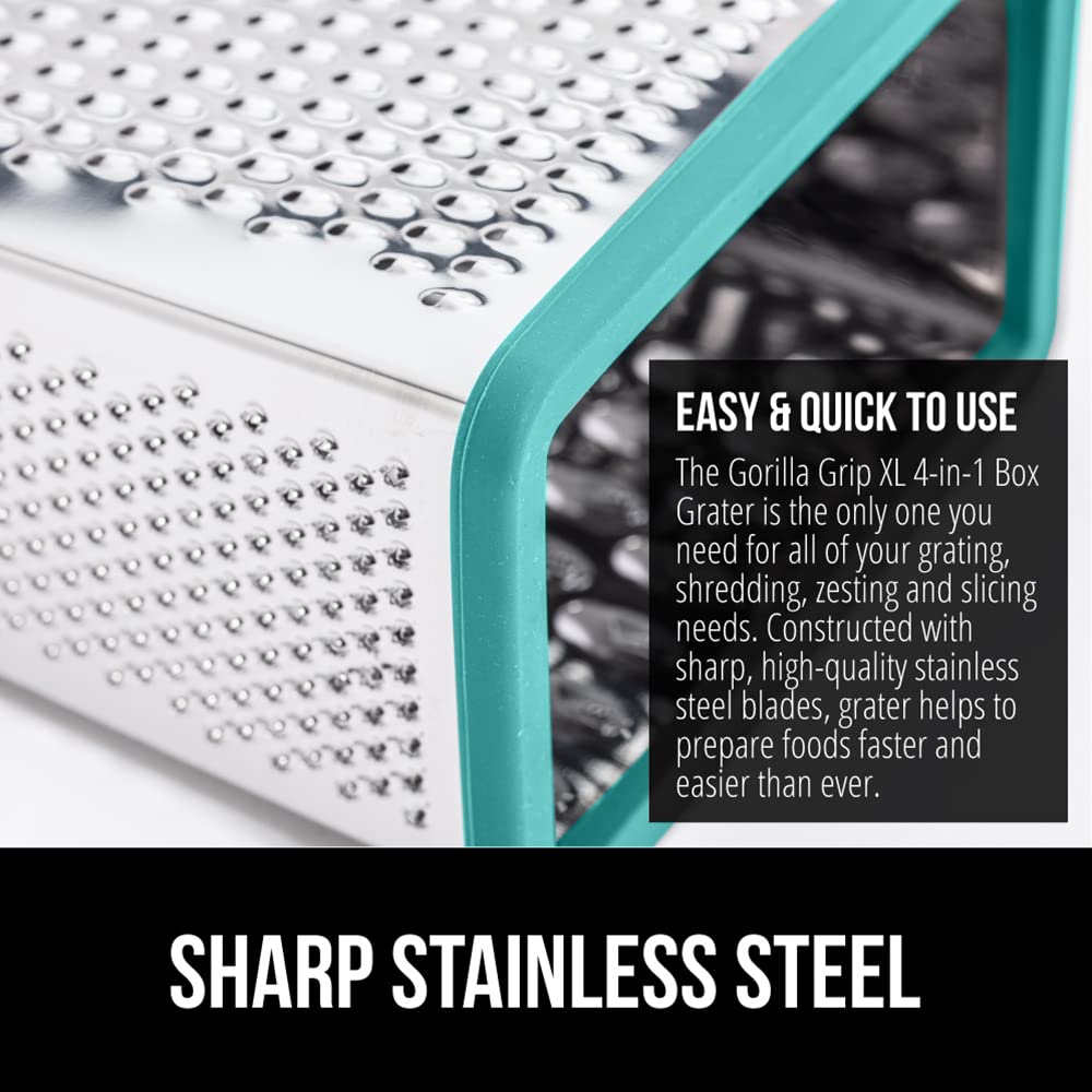 GORILLA GRIP 4-Sided Stainless Steel Cheese Grater With Container, 100% BPA-Free Box Grater, Slip Resistant Base and Handle, Grate Parmesan, Hard Cheeses, Shred Vegetables, Dishwasher Safe, Black