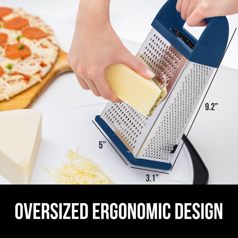 GORILLA GRIP 4-Sided Stainless Steel Cheese Grater With Container, 100% BPA-Free Box Grater, Slip Resistant Base and Handle, Grate Parmesan, Hard Cheeses, Shred Vegetables, Dishwasher Safe, Black