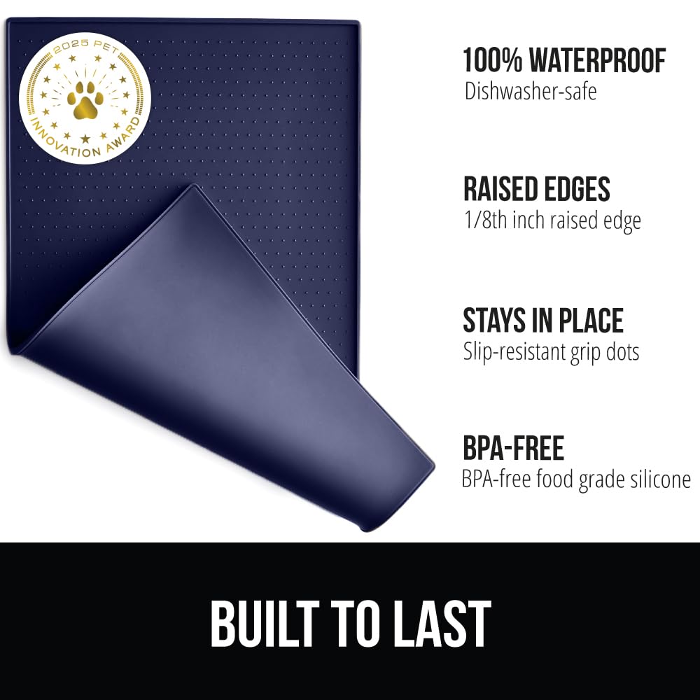GORILLA GRIP 100% Waterproof Raised Edge BPA Free Silicone Pet Feeding Mat, Dog Cat Food Mats Contain Spills Protects Floors, Placemats for Cats and Dogs Water Bowl, Pets Accessories 18.5x11.5 Gray