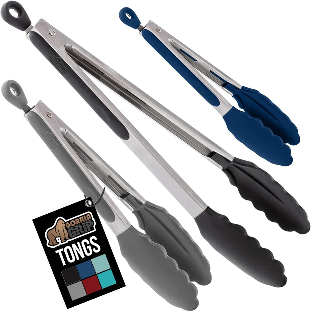 GORILLA GRIP Stainless Steel Heat Resistant Kitchen Tongs for Cooking, Set of 2 BBQ Tong, Non Scratch Silicone Tip for Pans, Strong Grip, Grab Food, Toss Salad, Air Fryer, Pull Lock, 7 + 9 Inch, Black