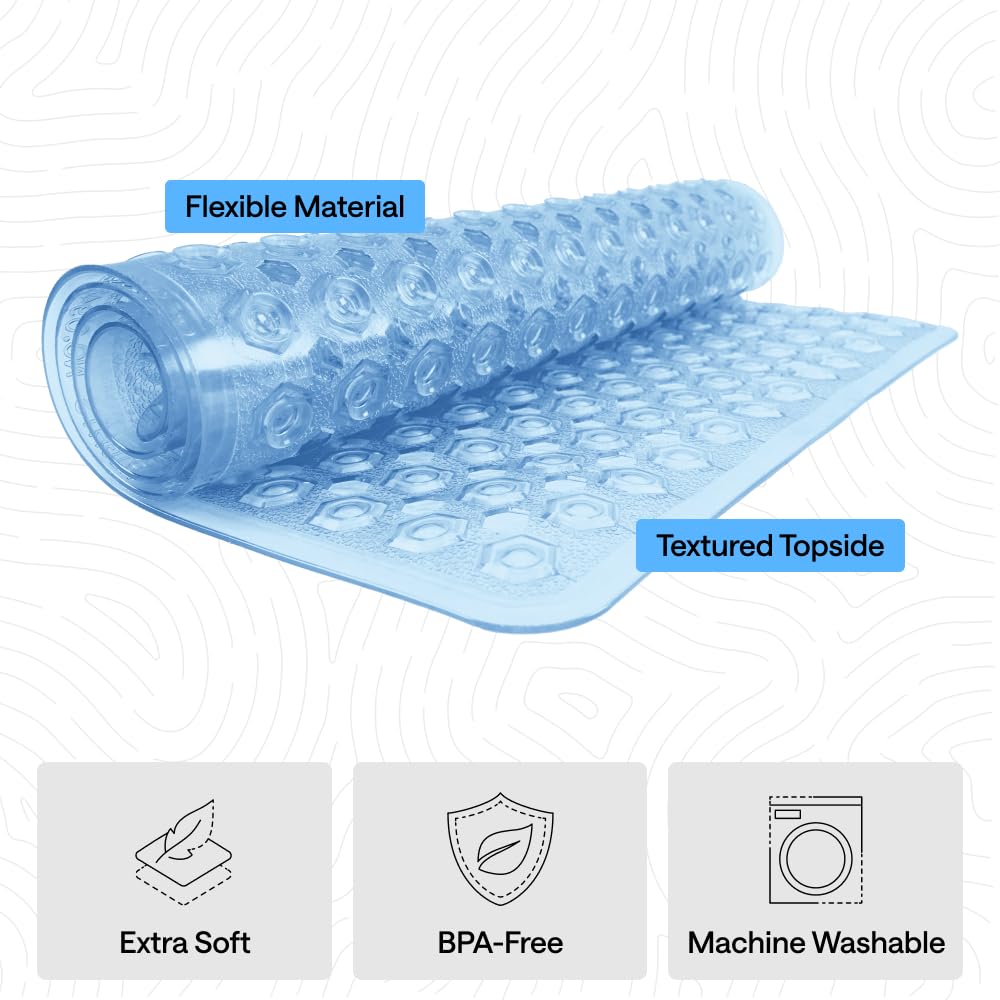 GORILLA GRIP Patented Bath Tub Shower Mat, Machine Washable Bathtub Floor Liner Mats, Suction Cups and Drain Holes to Keep Tubs Clean, Soft on Feet, Bathroom Essentials, 35x16 Inch, Clear