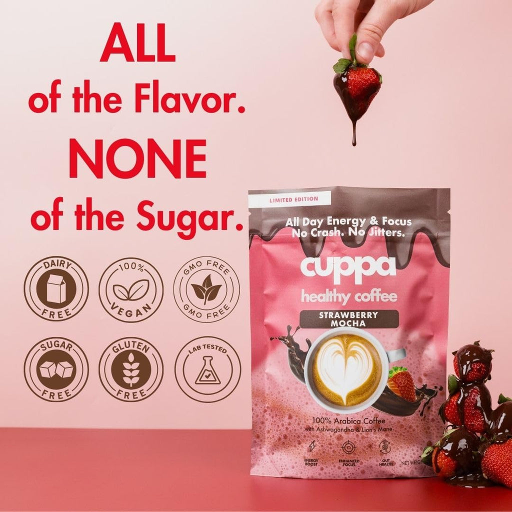 Cuppa Medium Roast Mushroom Coffee with Adaptogens & Superfoods - Lion’s Mane, Ashwagandha & Cordyceps. Adaptogens + MCT to support natural energy, mental focus & gut health (30 Servings)