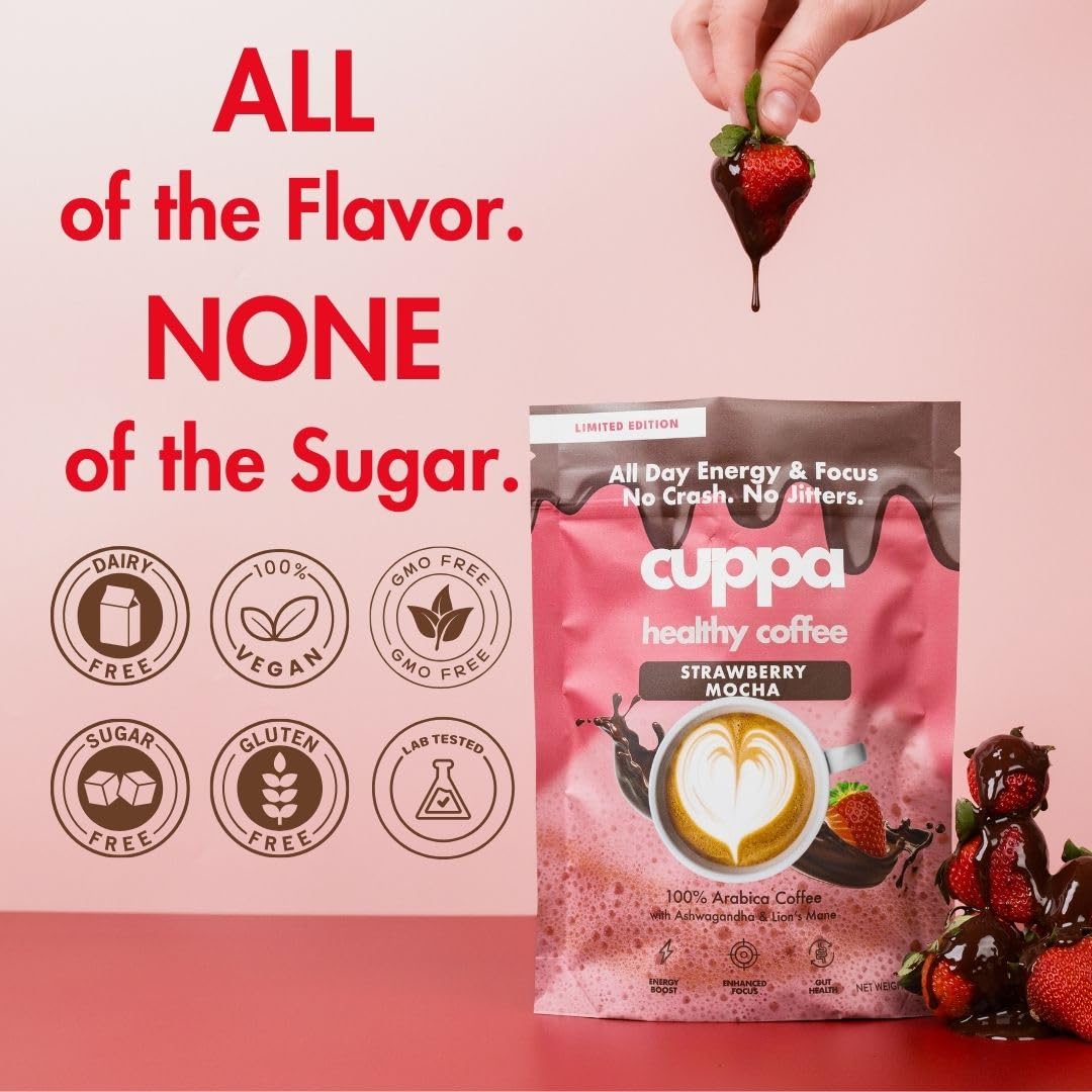 Cuppa Medium Roast Mushroom Coffee with Adaptogens & Superfoods - Lion’s Mane, Ashwagandha & Cordyceps. Adaptogens + MCT to support natural energy, mental focus & gut health (30 Servings)