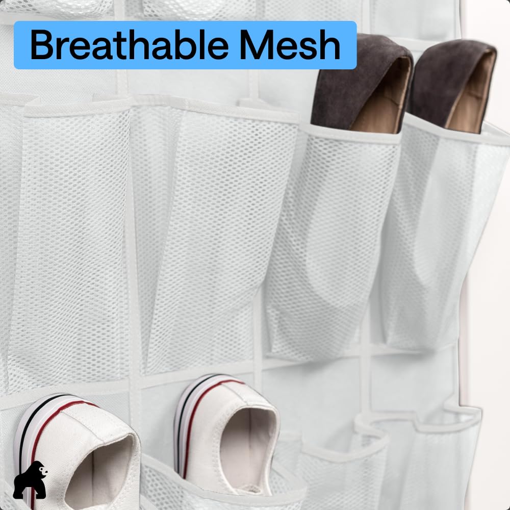 GORILLA GRIP Over the Door Shoe Organizer, 24 Large Breathable Mesh Pockets, Space Saving Hanging Storage Holder, Closet Rack Hanger Holds Up to 40 lbs, Hangs on Closets for Shoes, Accessories, Black