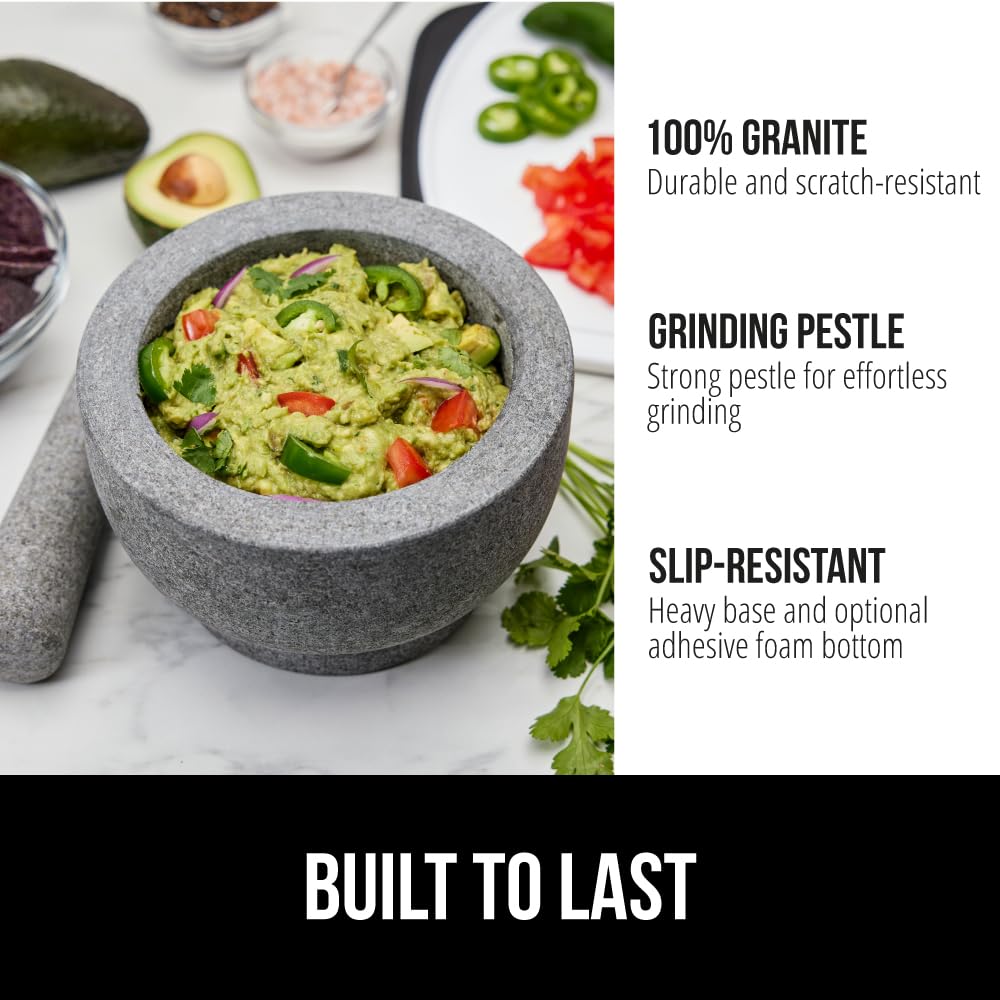 GORILLA GRIP Heavy Duty Mortar and Pestle Set with Slip Resistant Base, 100% Granite Stone Molcajete Guacamole Bowl, Grind Seeds, Garlic, Herb, Kitchen Muddler, Essentials for Chefs, 1.5 Cup Gray