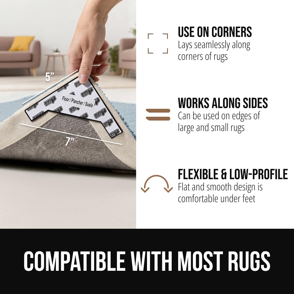 GORILLA GRIP Extra Wide Dual Sided Rug Gripper Pads, Holds Carpet in Place on Hardwood Floors and Tile, Removable Reusable Sticky Corner Grippers, Universal Fit Floor Pad for Under Area Rugs, 4 Pack