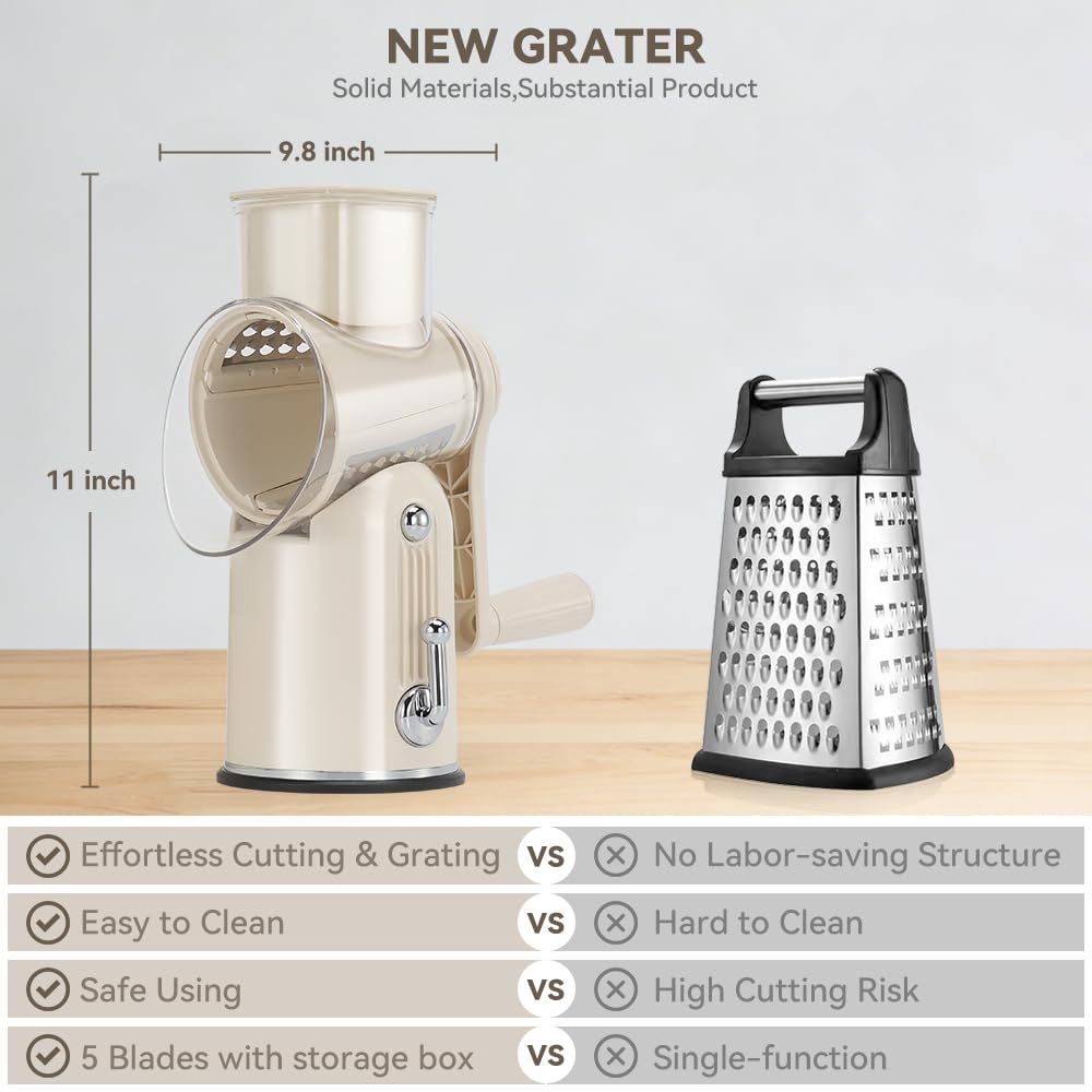 KEOUKE Rotary Cheese Grater 5 in 1 Green - Hand Crank Vegetable Cutter, Shredder, Slicer, Enlarge Input, Suction Base, Labor-Saving Handle, Blade Storage Box, for Onion, Potato, Vegetable, Nuts, etc