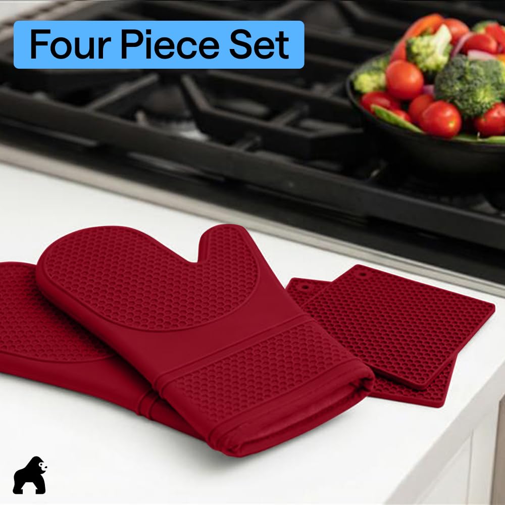 GORILLA GRIP BPA-Free Soft Silicone Oven Mitts, Heat Resistant and Waterproof Cooking Safety Gloves, Thick Cotton Lining, Flexible Gripping, Kitchen Potholders Set, for Grilling, BBQ, 12.5x8.3, Black