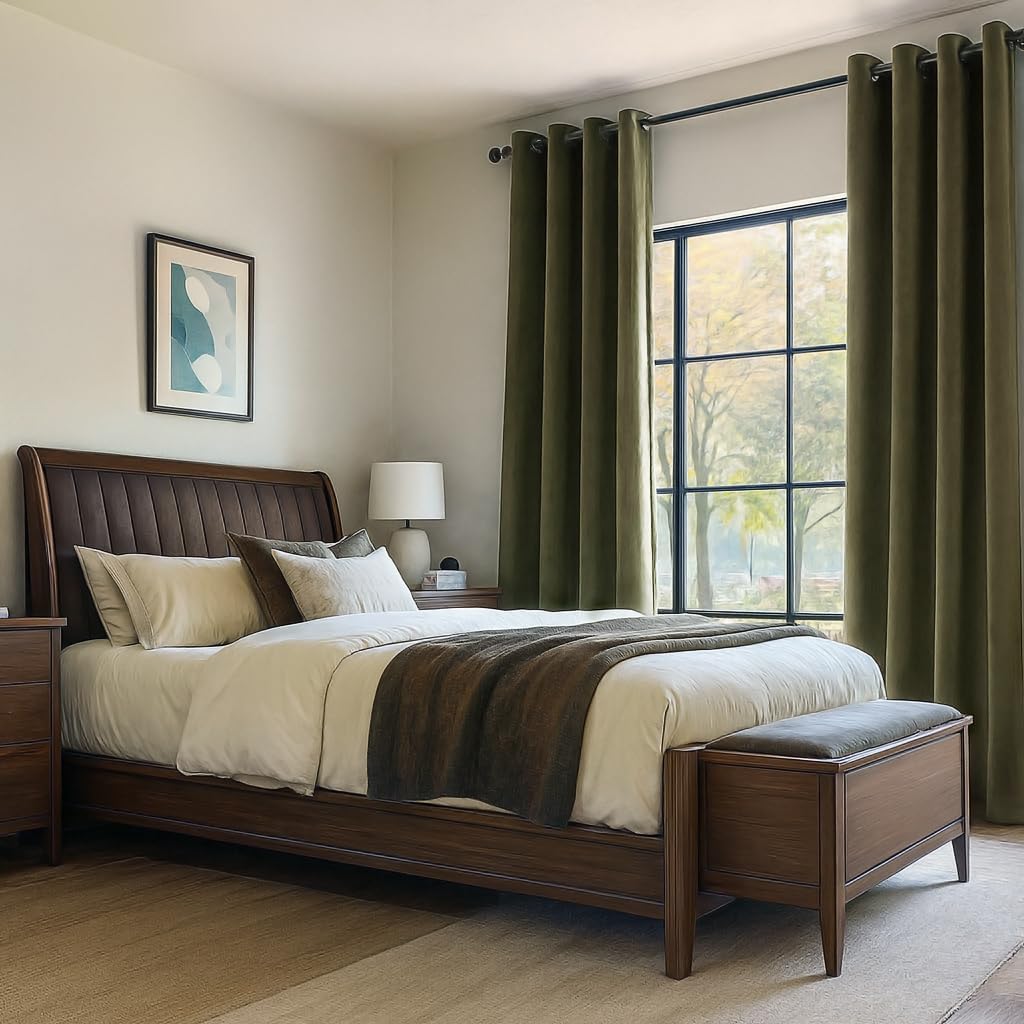 Topfinel Olive Green Velvet Blackout Curtains 84 Inches Long,Soundproof Room Darkening Dark Green Thermal Insulated Boho Elegant Moody Grommet Curtains for Living Room Bedroom 2 Panels