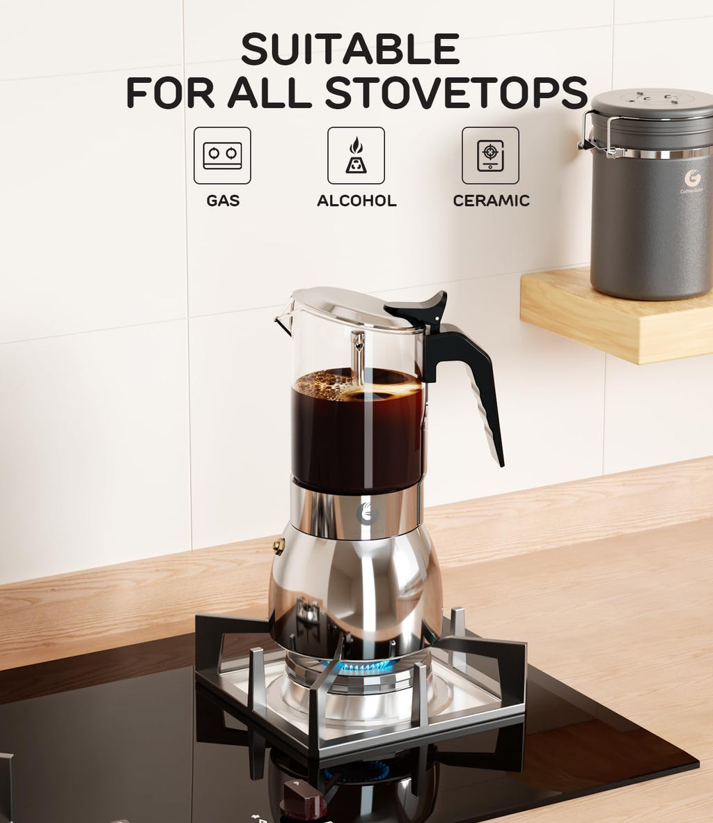 Coffee Gator Moka Pot - 6 Cup, 12oz Stovetop Espresso Maker - Classic Italian and Cuban Coffee Percolator w/ 2 Stainless-Steel Cups – Matte Grey Aluminum, 360ml