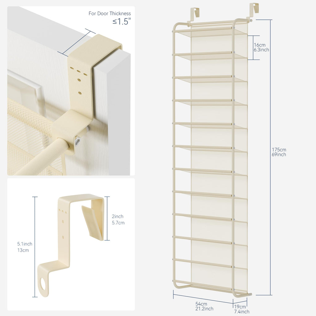 Whitmor 36 Pair Over the Door Shoe Organizer, 12 Tier Hanging Shoe Organizer, Heavy Duty Metal & Mesh Shoe Holder, Hanging Shoe Rack for Closet Organizer & Storage, 74"L x 21.7"W x 7.5"H, White