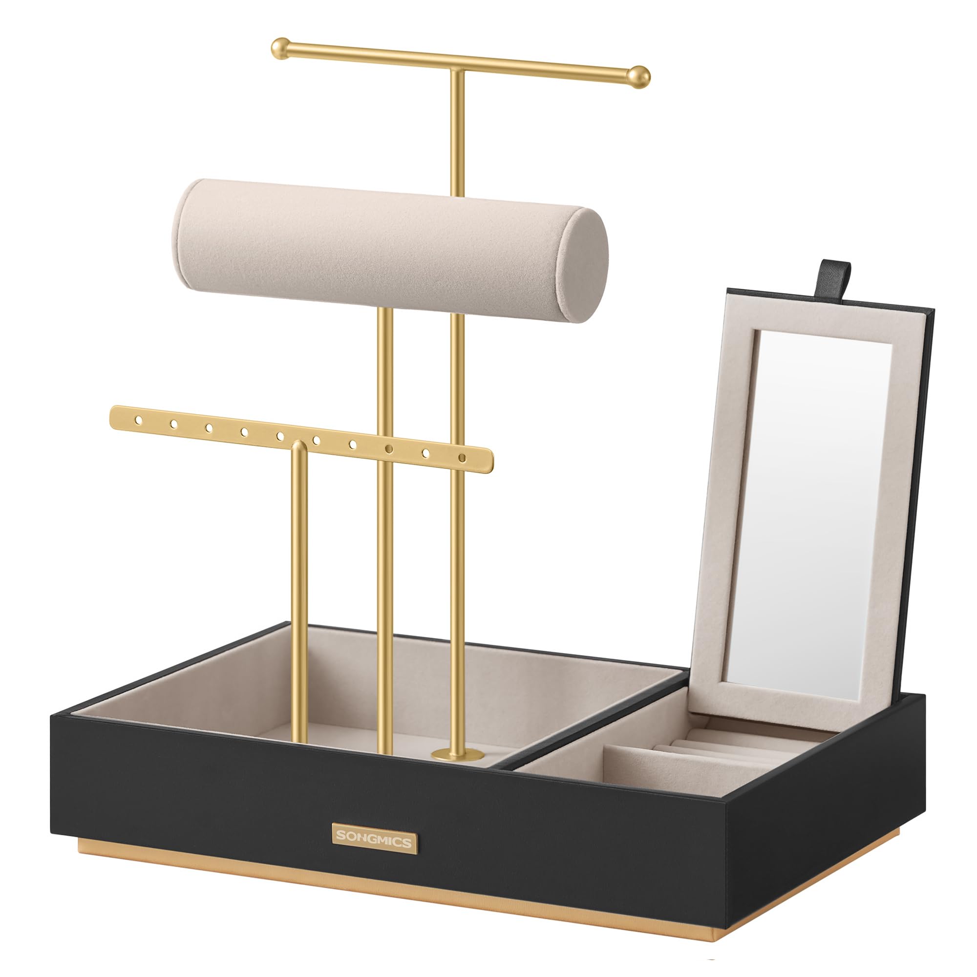 SONGMICS Jewelry Holder, Jewelry Organizer, Jewelry Display Stand, Metal Earring Organizer with Mirror, with Necklace Earring Bracelet Holder, for Rings, Gift Idea, Black and Gold UJJS022B01