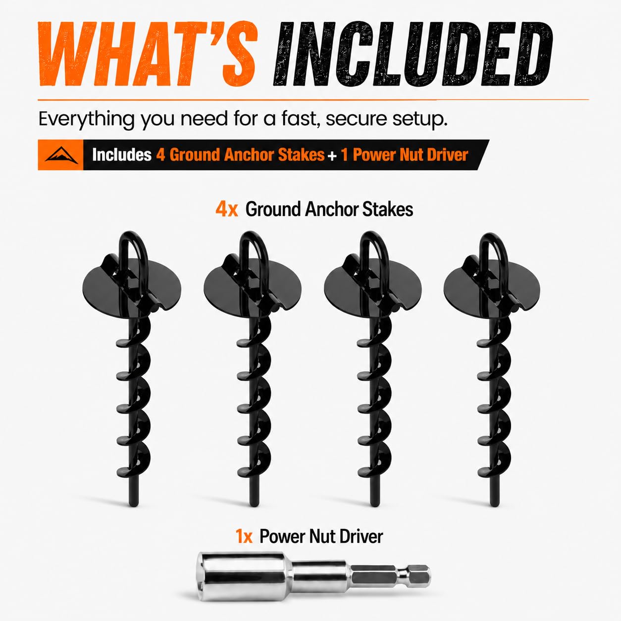 Ground Anchors Screw in Heavy Duty - 4 Pack with Power Nut Driver Drill Bit, Spiral Ground Stakes, Swing Set Anchors, Trampoline Tie Down Kit, High Wind Tent Stakes for Canopy, Car Port, RV Awning