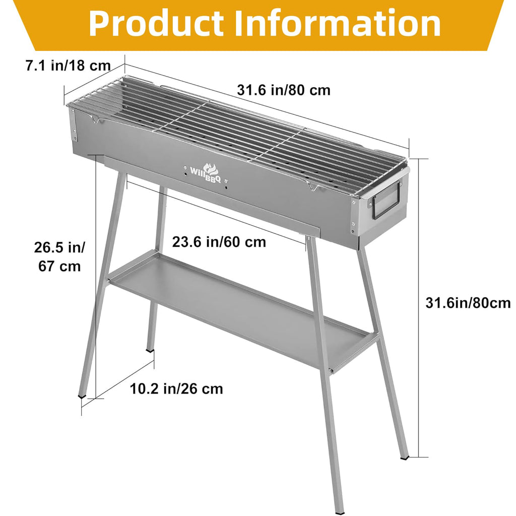WILLBBQ Charcoal Grill Tailgate Parties, Patio, Beach Barbecues, Backyard Gatherings,Alloy Steel BBQ Barbecue Outdoor Grilling with Durable Support Frame and Dual Adjustable Vents (31.6x7.1x5.1 inch)