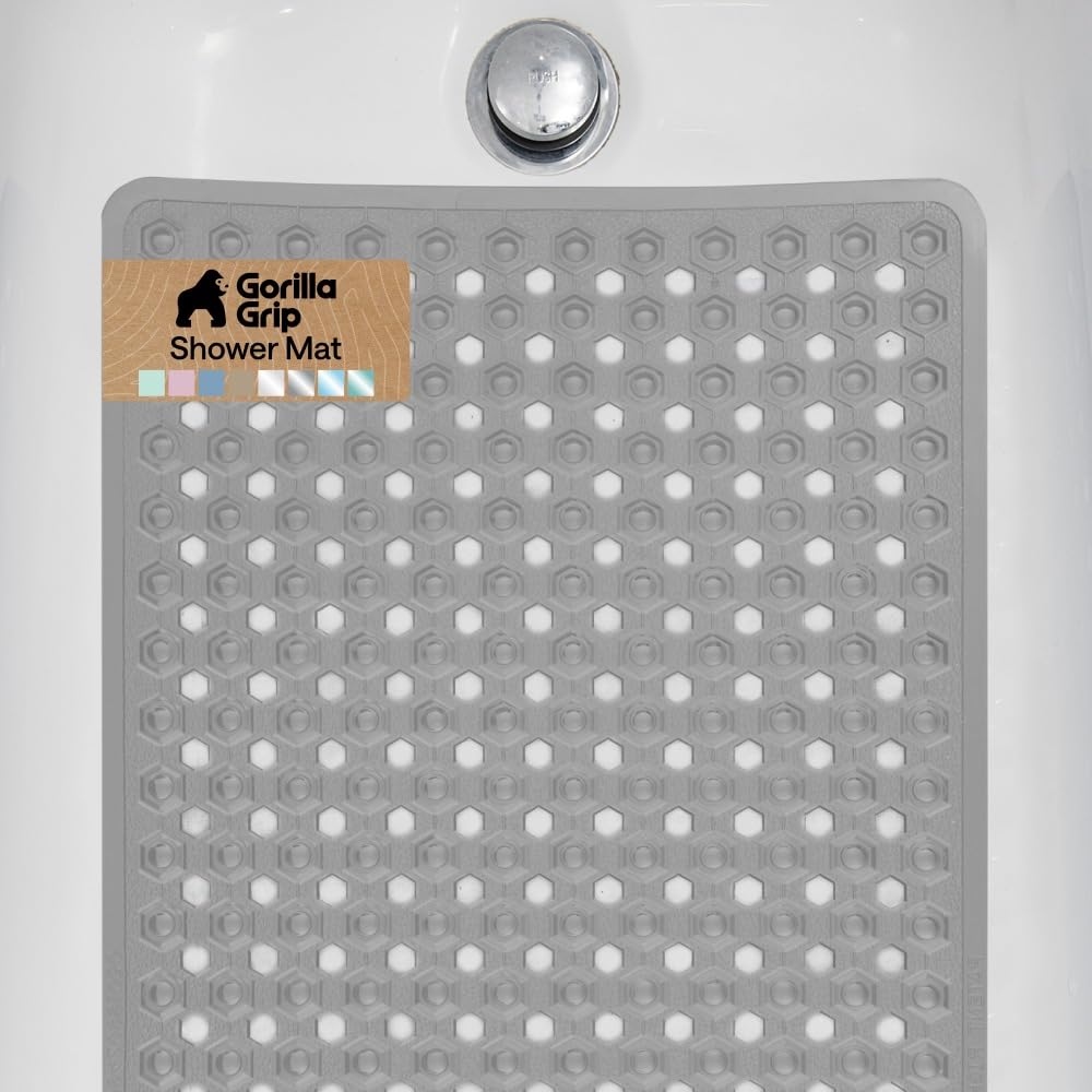 GORILLA GRIP Patented Bath Tub Shower Mat, Machine Washable Bathtub Floor Liner Mats, Suction Cups and Drain Holes to Keep Tubs Clean, Soft on Feet, Bathroom Essentials, 35x16 Inch, Clear