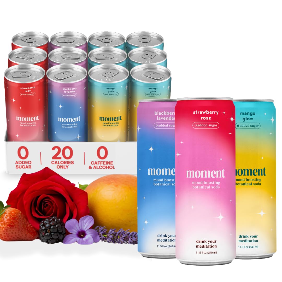 Moment Botanical Soda (Shark Tank) - Calm, Clarity & Relaxation with L-Theanine & Ashwagandha - Non Alcoholic Drinks for Adults - Sparkling Adaptogen Drink - 0 Sugar 0 Caffeine - 12 Pack 11.5 fl oz