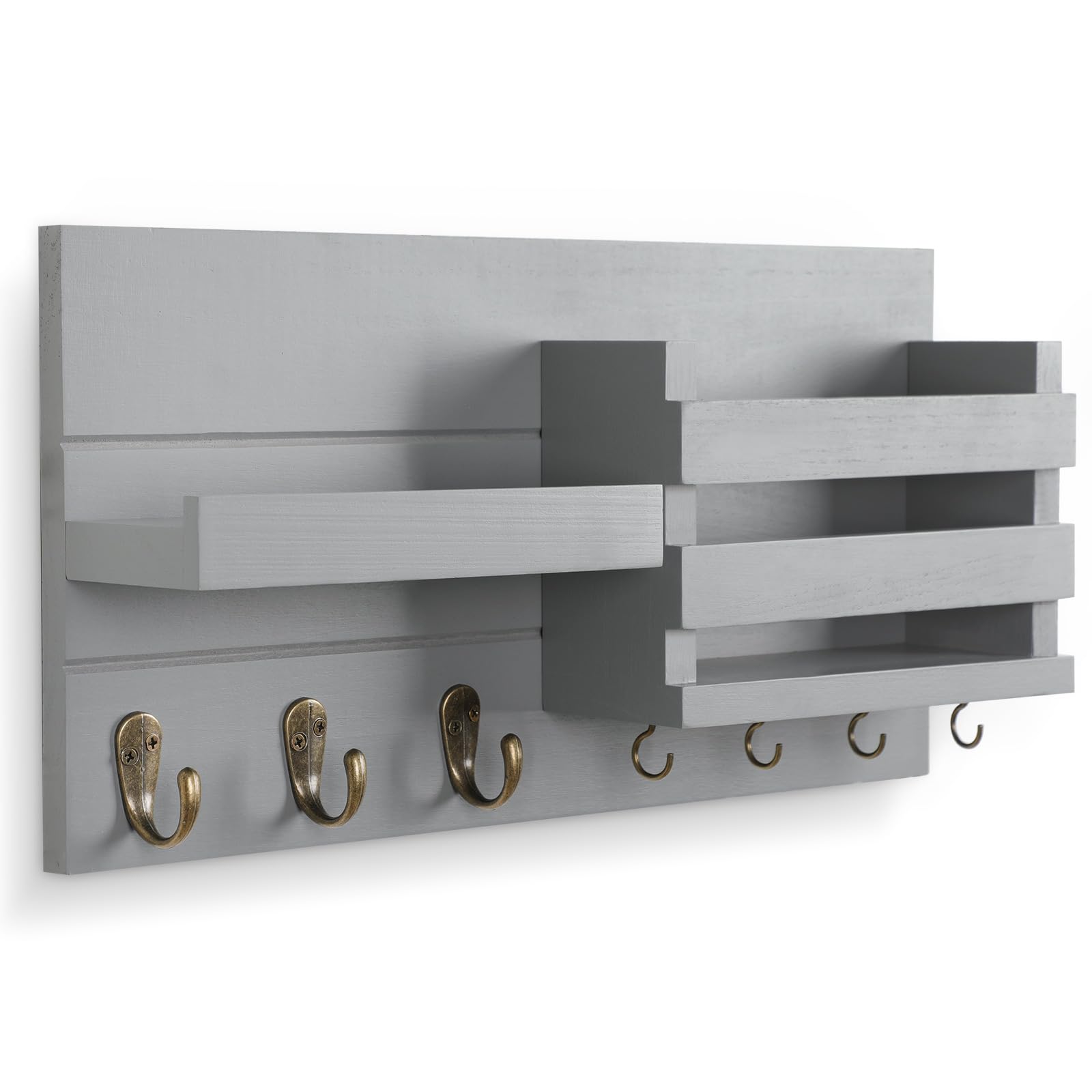 Mail Organizer for Wall Mount – Key Holder with Shelf Includes Letter Holder and Hooks for Coats, Dog Leashes – Rustic Wood with Flush Mounting Hardware (16.5” x 8.7” x 3.5”)