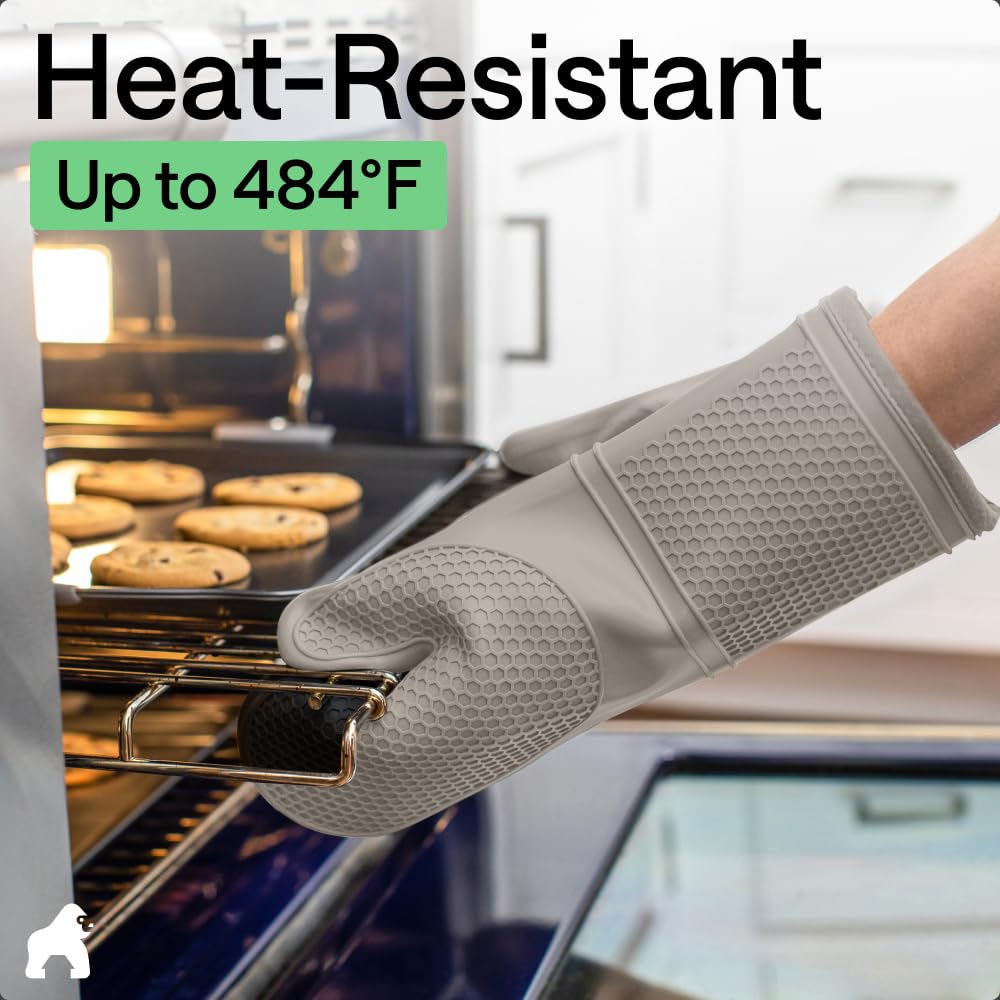 GORILLA GRIP BPA-Free Soft Silicone Oven Mitts, Heat Resistant and Waterproof Cooking Safety Gloves, Thick Cotton Lining, Flexible Gripping, Kitchen Potholders Set, for Grilling, BBQ, 12.5x8.3, Black