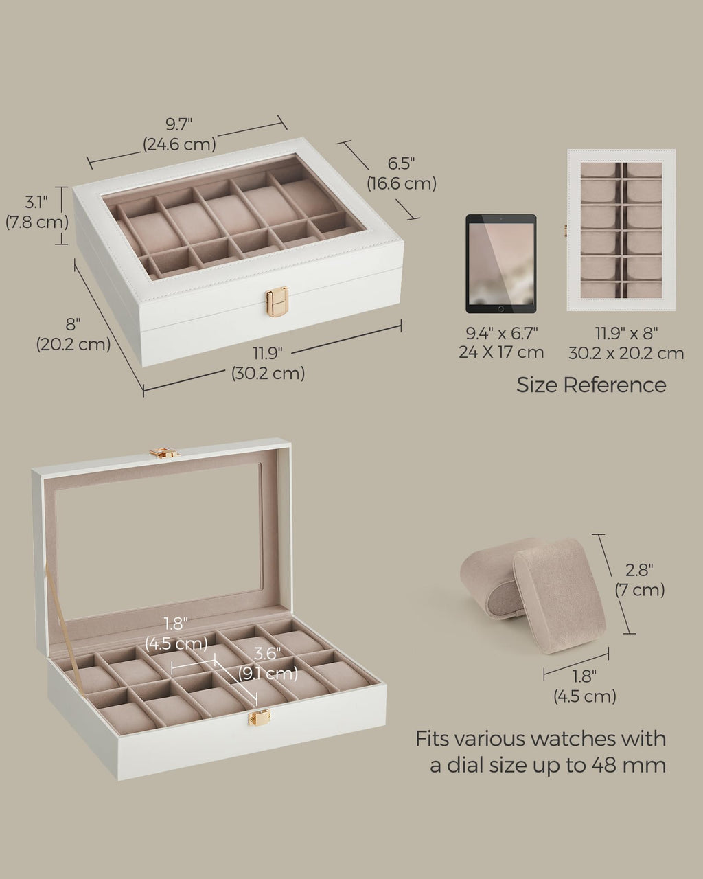 SONGMICS Watch Box, 12-Slot Watch Case Organizer with Large Glass Lid, Removable Pillows, Gift for Loved Ones, Black Synthetic Leather, Gray Lining UJWB12BK