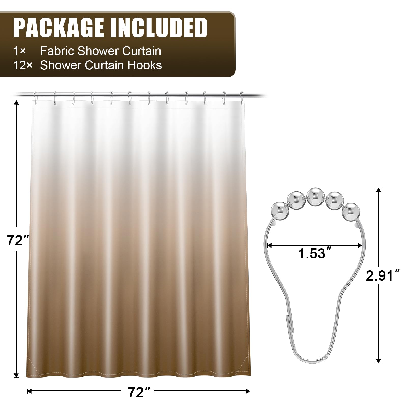 OLANLY Luxury Black and Grey Ombre Shower Curtain Sets with 12 Hooks, Waterproof and Washable Decorative Shower Curtains for Bathroom, 72x72 Inches