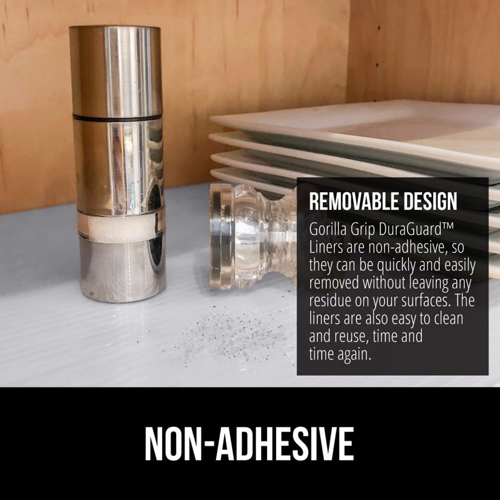 GORILLA GRIP DuraGuard Shelf Liner, Non-Adhesive Cabinet Liners for Kitchen Drawers, Shelves, Refrigerator, Pantry Storage, Bathroom Closet, Durable Waterproof BPA Free Ribbed Plastic, 12x20 Clear