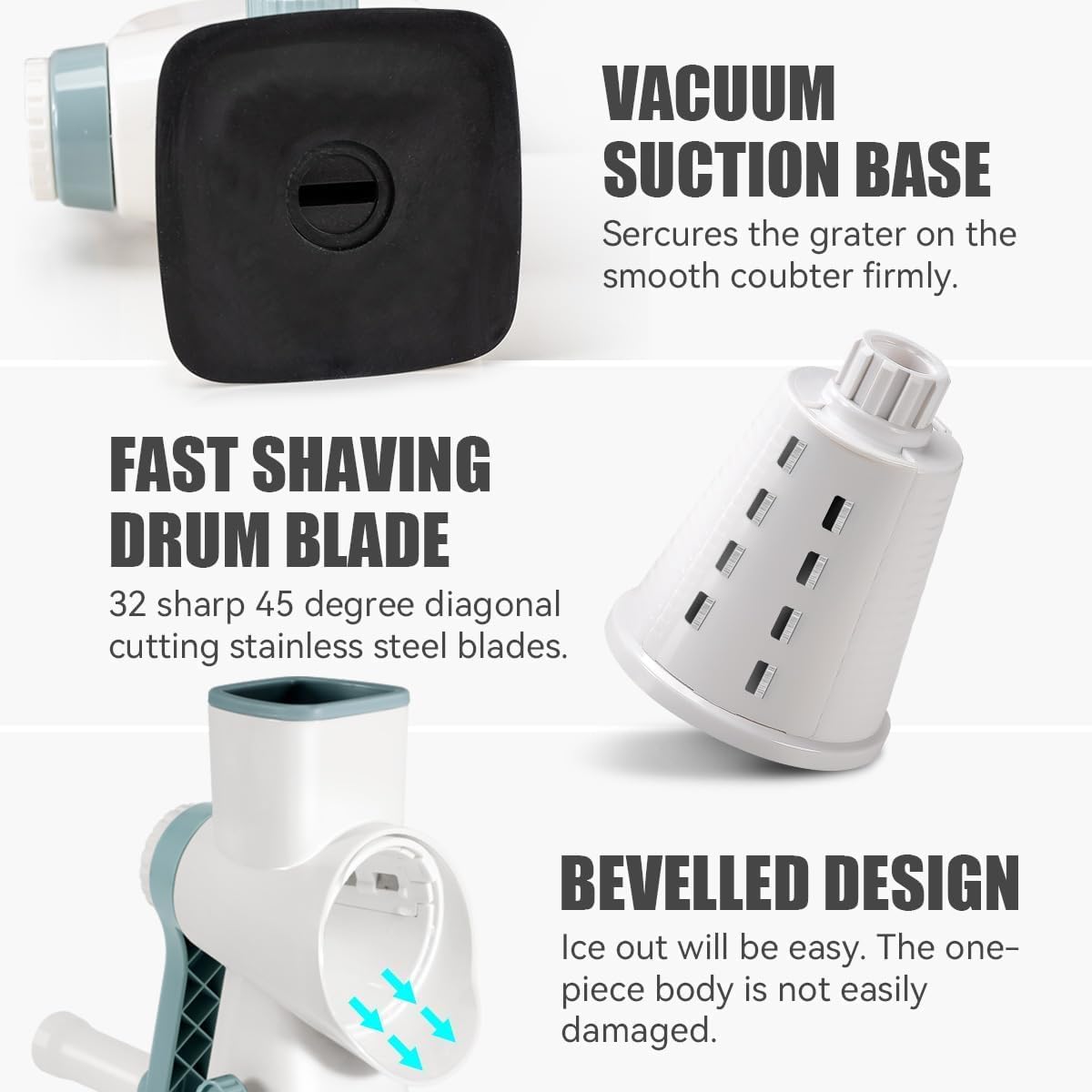 KEOUKE Rotary Ice Shaver Manual White - Stainless Steel Blade, Quick Labor-Saving Handle, Safe Stable Suction Base, Home Using Snow Cone Machine for All Ice Cubes