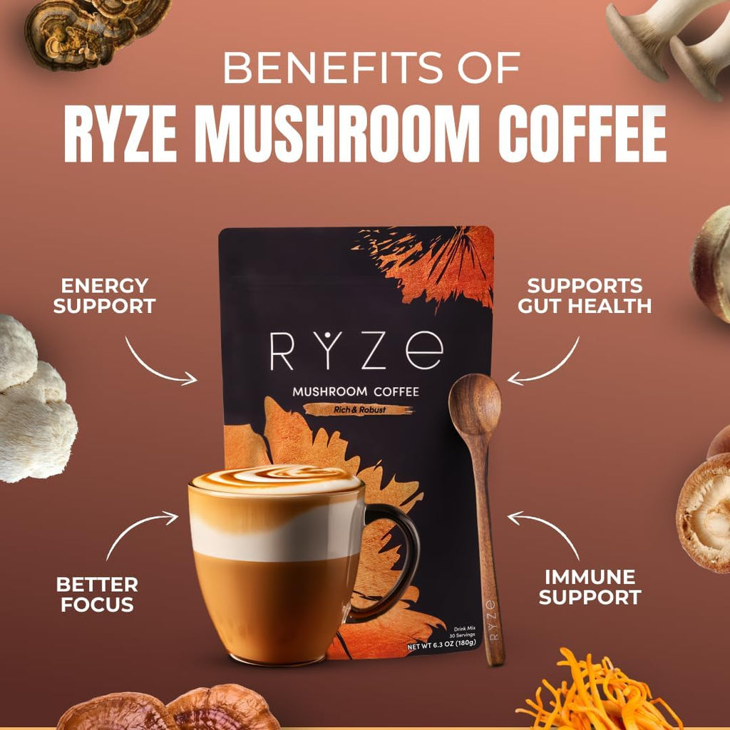 RYZE SUPERFOODS Mushroom Medium Roast Coffee Starter Kit, USDA Organic Instant Coffee with 6 Adaptogenic Mushrooms and for Energy, Focus, Digestion, Immunity with Lions Mane & Turkey Tail 60 Serving