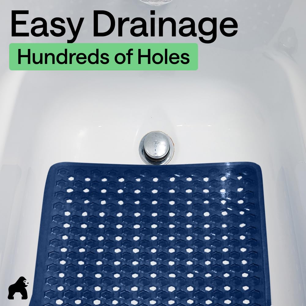 GORILLA GRIP Patented Bath Tub Shower Mat, Machine Washable Bathtub Floor Liner Mats, Suction Cups and Drain Holes to Keep Tubs Clean, Soft on Feet, Bathroom Essentials, 35x16 Inch, Clear