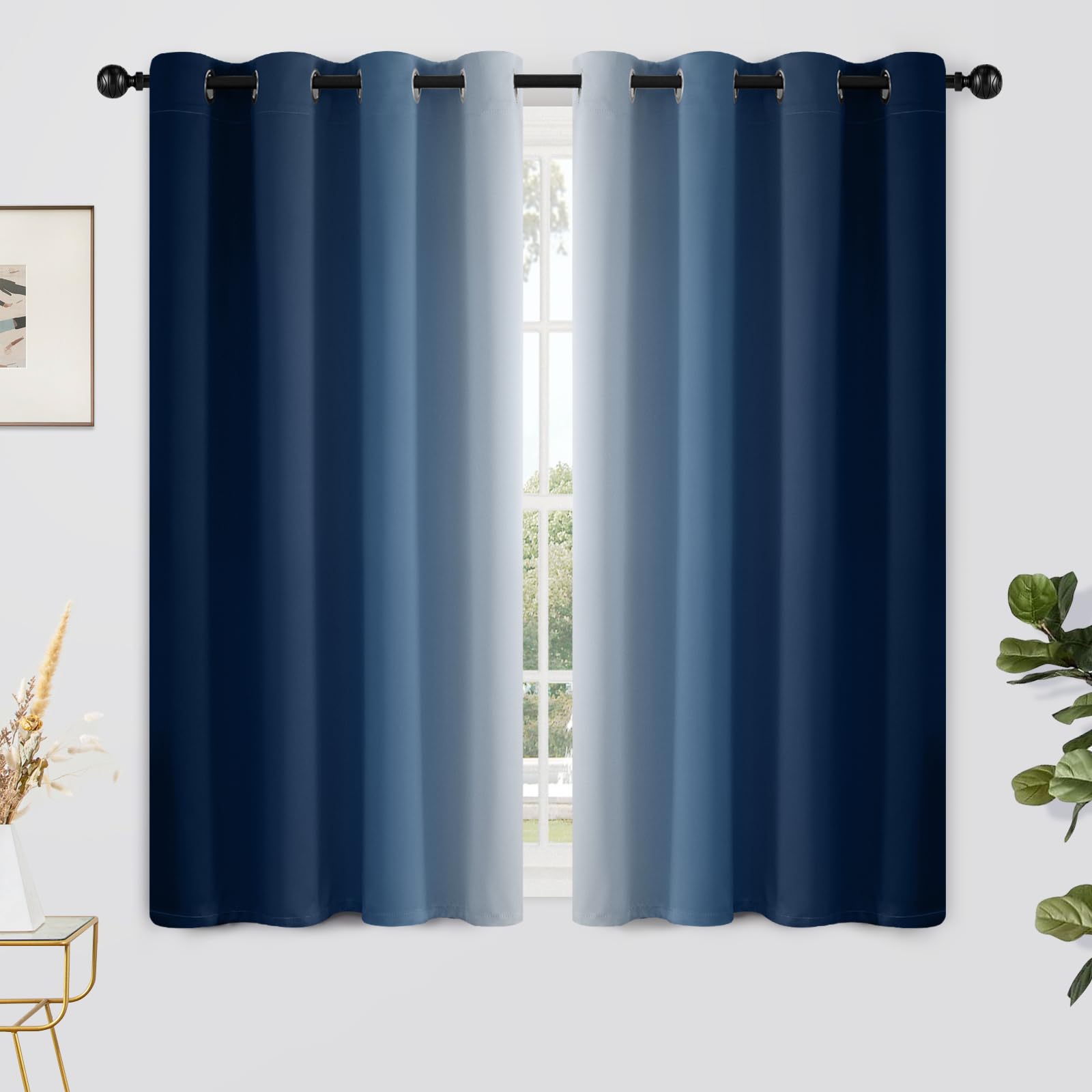 Yakamok Blue and Greyish White Ombre Curtains, Room Darkening Gradient Color Curtains for Bedroom, Light Blocking Thermal Insulated Window Drapes for Living Room(2 Panels, 52x84 Inch)