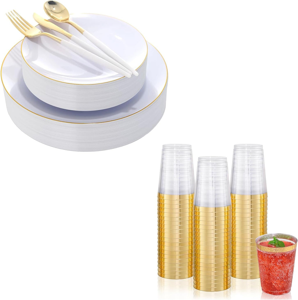 DaYammi 150Pcs White and Gold Plastic Plates with Disposable Silverware and 200Pcs Gold Plastic Cups for Party, Fancy Plates Set and Clear Gold Rimmed Cups for all occasions